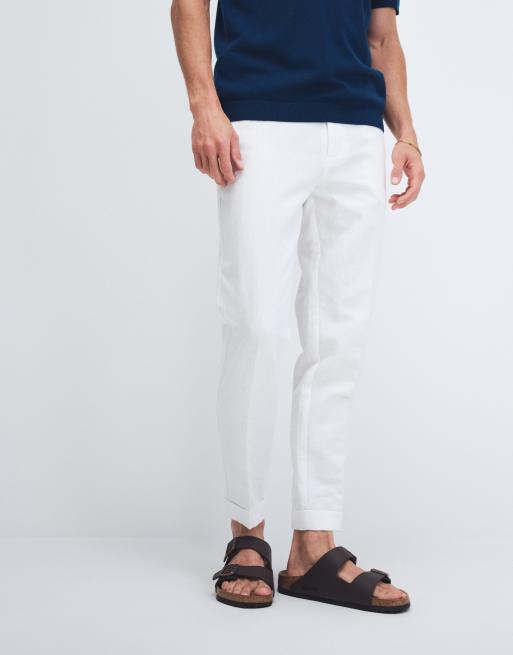 ASOS DESIGN linen rich tailored tapered fit trousers in white with side adjuster detail , 2 of 9