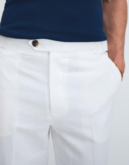ASOS DESIGN linen rich tailored tapered fit trousers in white with side adjuster detail , 3 of 9