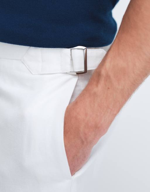 ASOS DESIGN linen rich tailored tapered fit trousers in white with side adjuster detail , 4 of 9