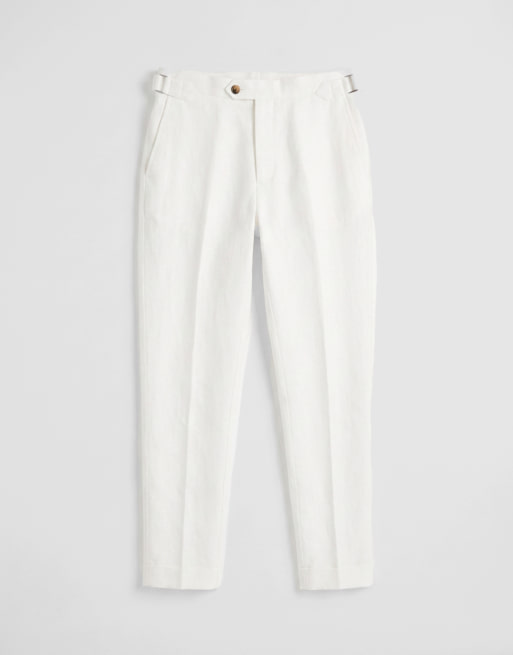 ASOS DESIGN linen rich tailored tapered fit trousers in white with side adjuster detail , 6 of 9