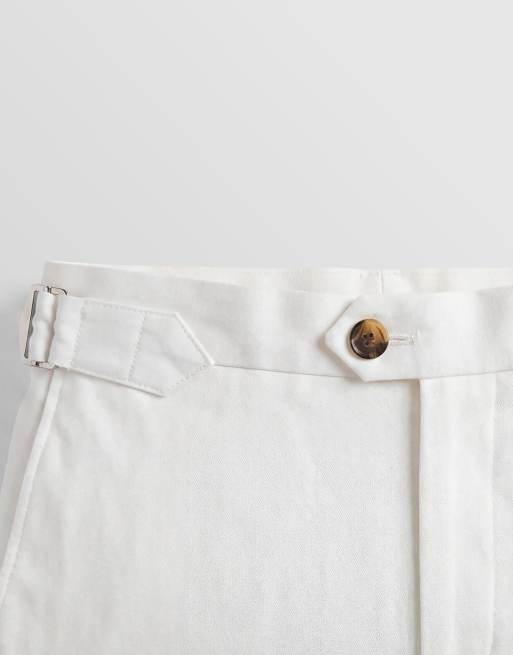 ASOS DESIGN linen rich tailored tapered fit trousers in white with side adjuster detail , 8 of 9