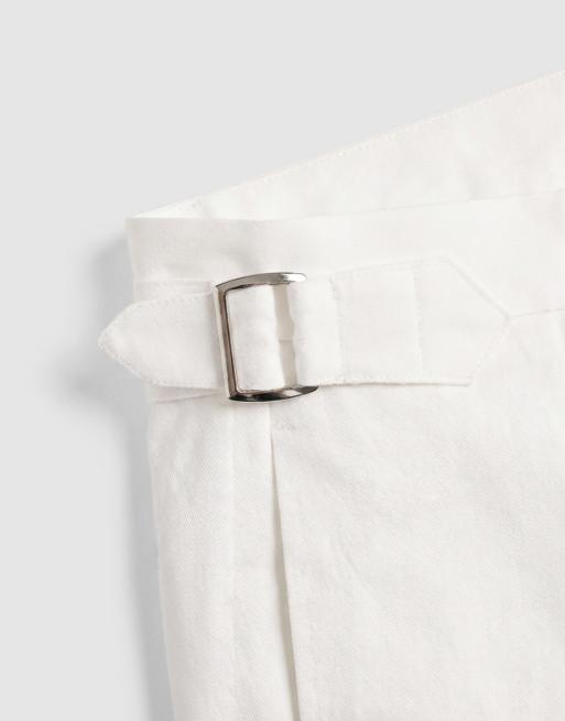 ASOS DESIGN linen rich tailored tapered fit trousers in white with side adjuster detail , 9 of 9