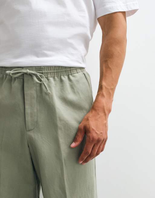 ASOS DESIGN linen rich tailored wide leg pull on pants in sage green, 3 of 5