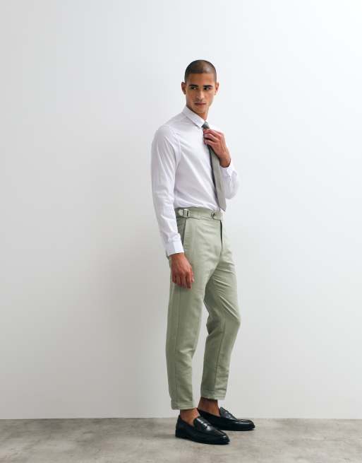 ASOS DESIGN linen rich tapered dress pants in sage green with side adjuster  detailing and cuffs | ASOS