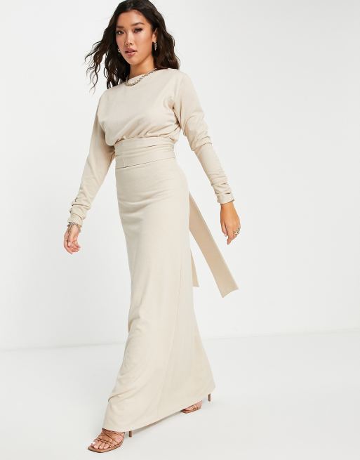 ASOS DESIGN linen ruched sleeve self tie belted maxi dress in stone