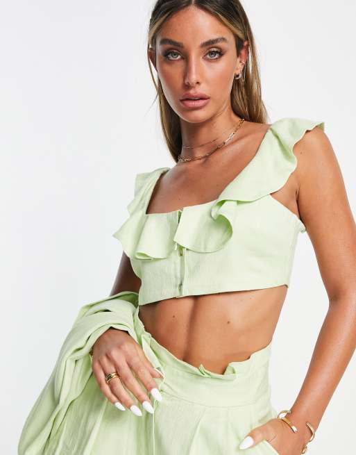 ASOS DESIGN linen ruffle bralette suit top in lime