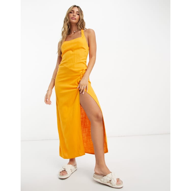 ASOS DESIGN linen square neck maxi dress with cut out tie back in  terracotta