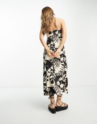 ASOS DESIGN linen scoop halter maxi sundress with knot detail in tropical  mono print