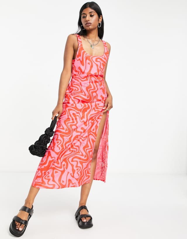 ASOS DESIGN linen scoop neck maxi sundress with split in swirl heart print