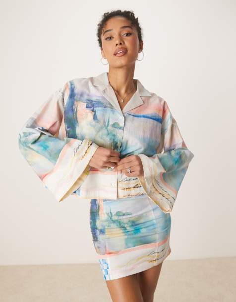 ASOS DESIGN linen set in washed postcard print - view 1