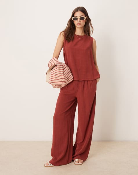 ASOS DESIGN linen shell top and wide leg trouser co-ord in brick red - RED - view 1