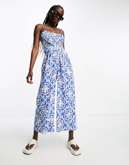 ASOS DESIGN linen shirred bodice belt jumpsuit in porcelain print