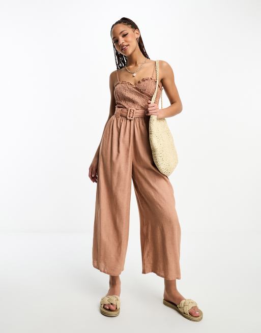 ASOS DESIGN crochet bodice strappy back jumpsuit in crinkle in cream