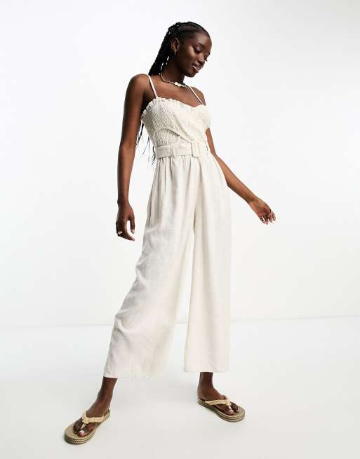 ASOS DESIGN linen shirred bodice belt jumpsuit in stone ASOS