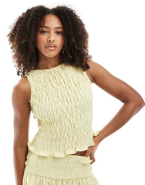 ASOS DESIGN linen shirred sleeveless tank in buttermilk