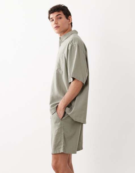 ASOS DESIGN linen shirt and shorts co-ord in khaki - view 1