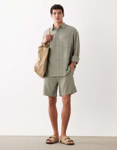 ASOS DESIGN linen shirt and shorts co-ord in khaki - view 1