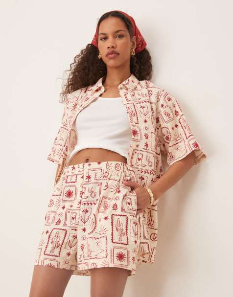 ASOS DESIGN linen shirt & boxer shorts set in western print - view 1