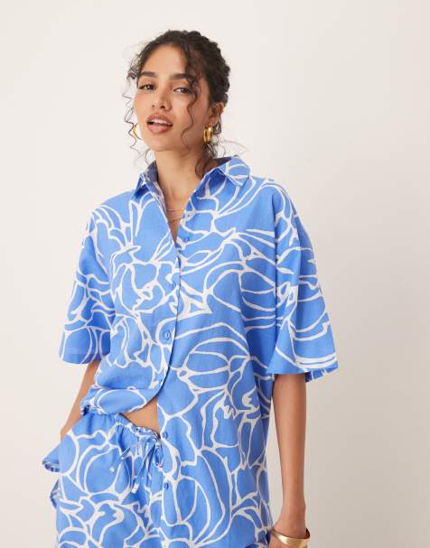 ASOS DESIGN linen shirt co-ord in blue abstract print - view 1