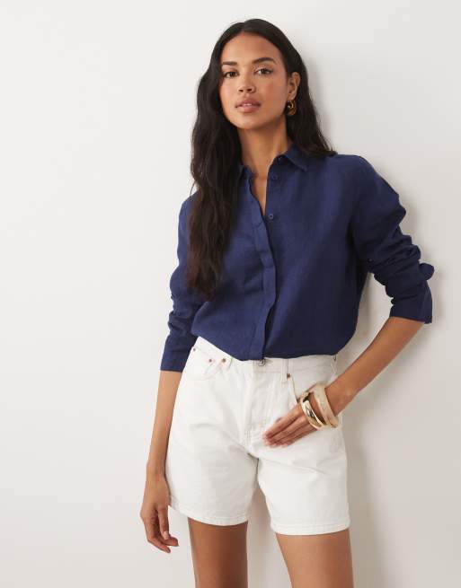 ASOS DESIGN linen shirt in navy, 3 of 4