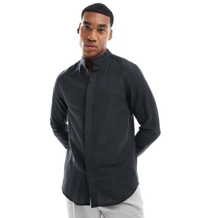 ASOS DESIGN linen shirt with deep grandpa collar in black