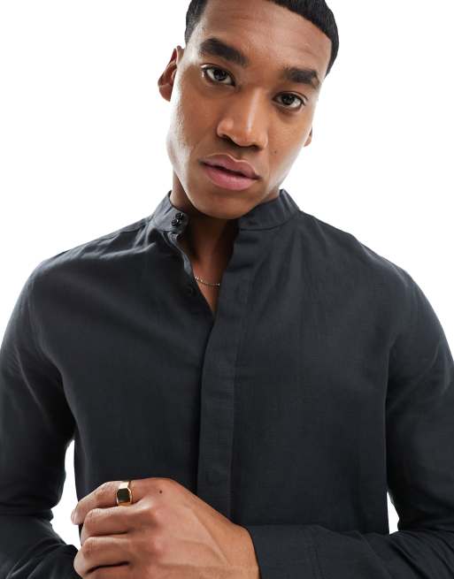 ASOS DESIGN linen shirt with deep grandpa collar in black | ASOS