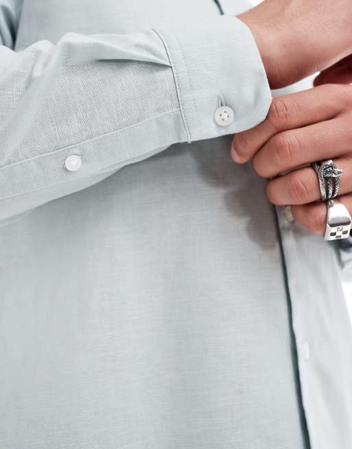 ASOS DESIGN linen shirt with penny collar in mint green, 4 of 4