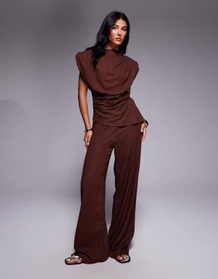 Asos Design Linen Shoulder Pad Drape Detail Top Set In Brown