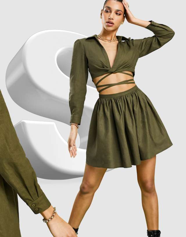 ASOS DESIGN linen skater mini shirt dress with open tie waist in khaki