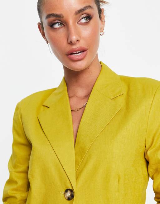 ASOS DESIGN linen slim straight suit blazer in golden palm, 3 of 4
