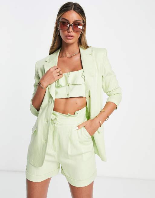 ASOS DESIGN linen ruffle bralette suit top in lime