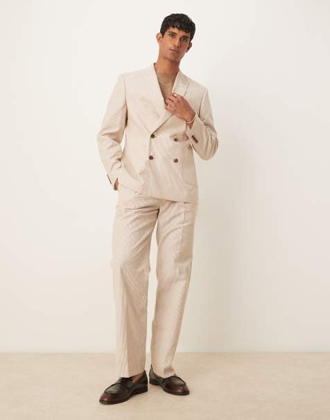 ASOS DESIGN linen slim suit in stone stripe - view 1