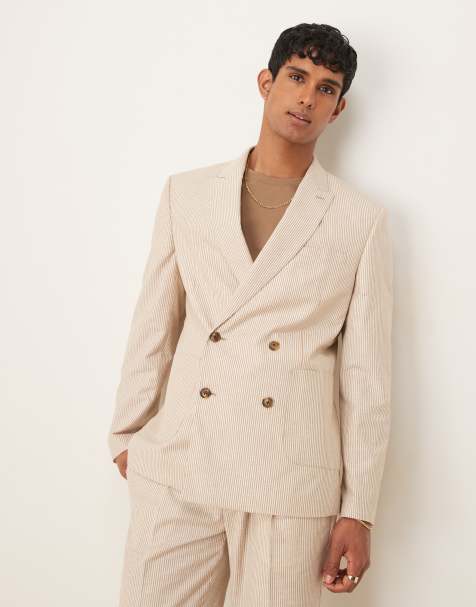 ASOS DESIGN linen slim suit jacket in stone stripe - view 1