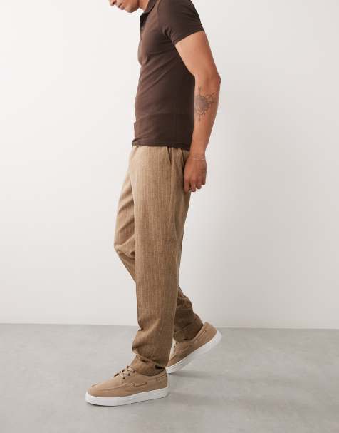 ASOS DESIGN linen smart tapered pants in brown pinstripe with elasticated waist - view 1