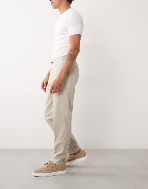 ASOS DESIGN linen smart tapered pants in stone pinstripe with elasticated waist - view 1