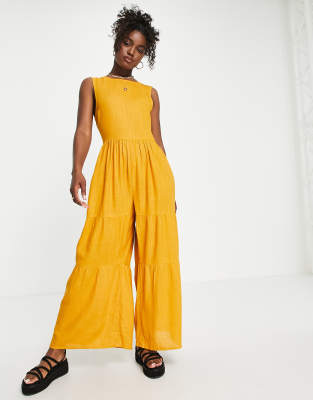 ASOS DESIGN linen smock tie back jumpsuit in mustard