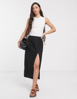 ASOS DESIGN linen split front midi skirt-Black