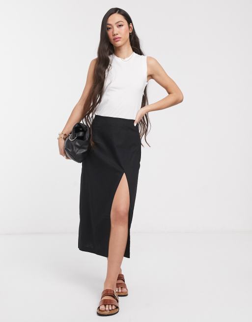 ASOS DESIGN linen split front midi skirt | ASOS