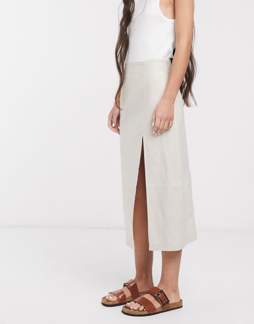 Asos Design Linen Split Front Midi Skirt Asos