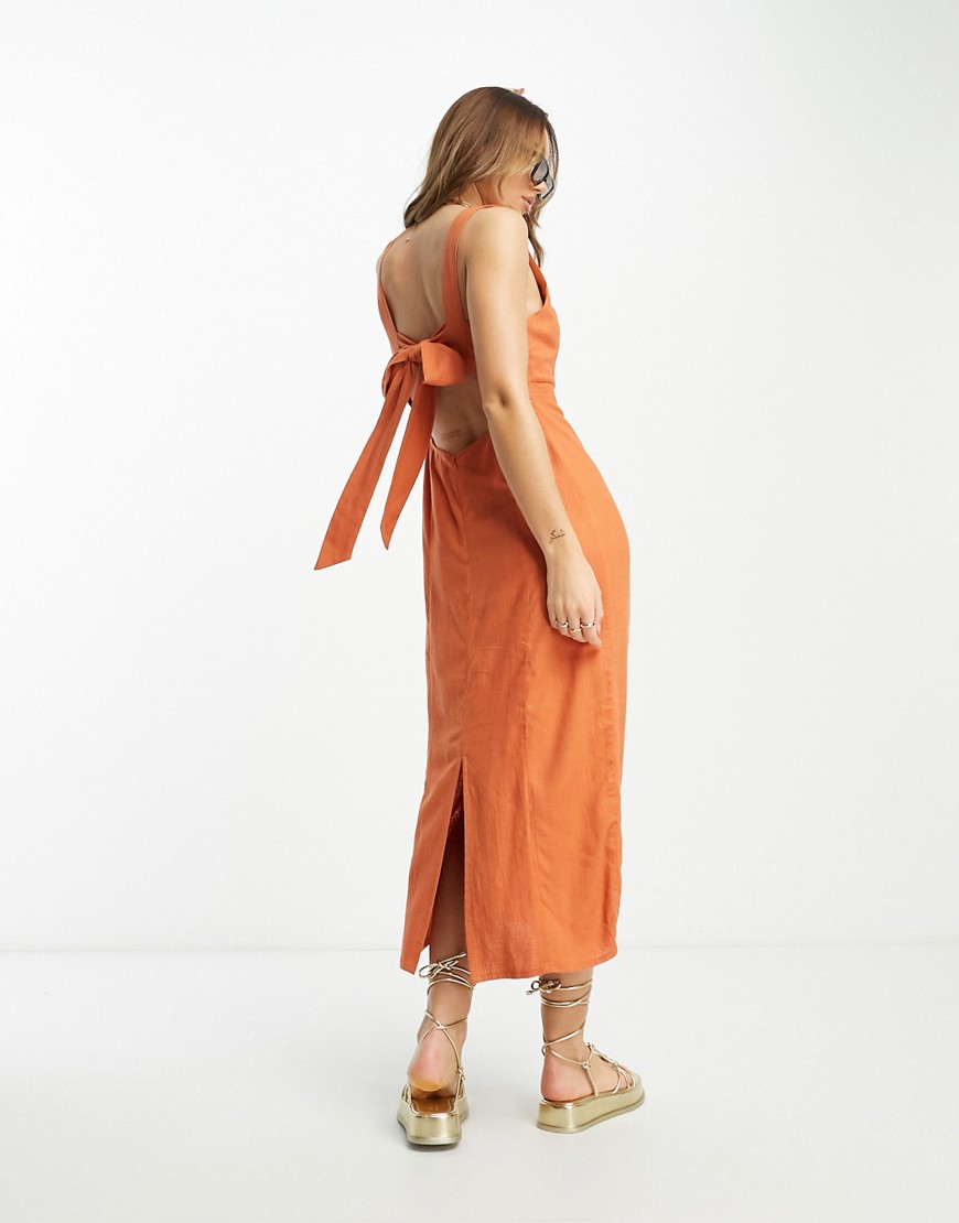 ASOS DESIGN linen square neck maxi dress with cut out tie back in terracotta-Red