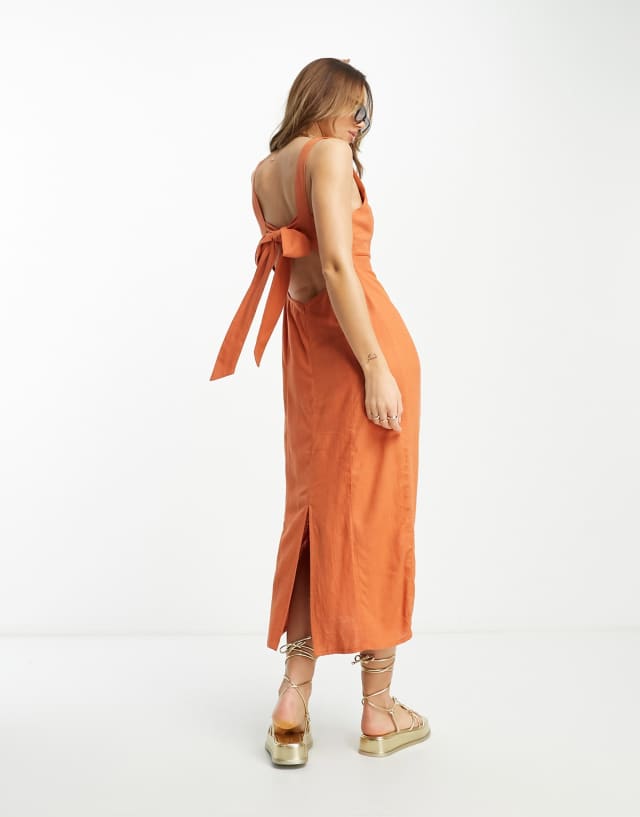 ASOS DESIGN linen square neck maxi dress with cut out tie back in terracotta