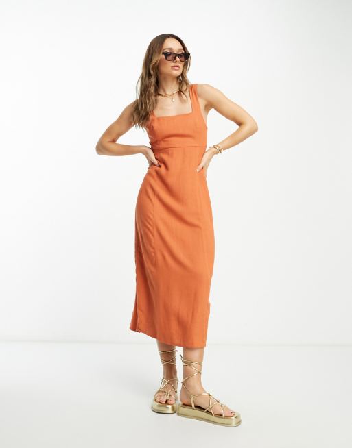 ASOS DESIGN linen square neck maxi dress with cut out tie back in