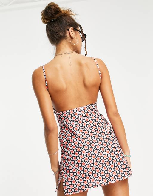 ASOS DESIGN linen square neck mini slip sundress in checkerboard floral, 2 of 4