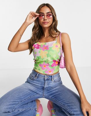 ASOS DESIGN linen square neck sun top with lace up back in bright green floral print
