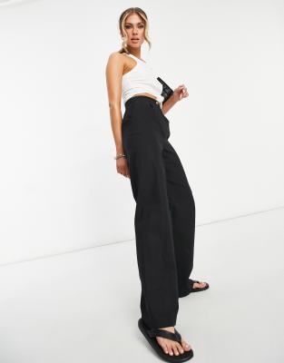 ASOS DESIGN wide leg drawstring waist linen pants in black