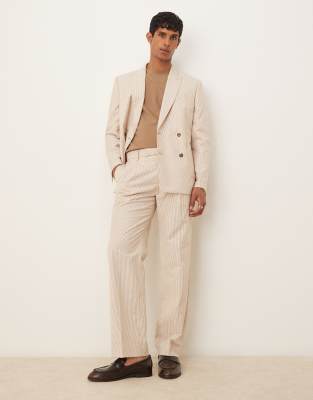 ASOS DESIGN linen straight leg suit trousers in stone stripe-Neutral