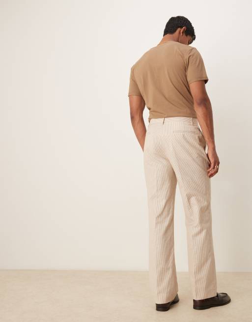 ASOS DESIGN linen straight leg suit trousers in stone stripe, 3 of 5