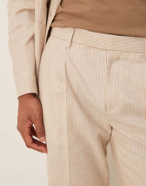ASOS DESIGN linen straight leg suit trousers in stone stripe, 4 of 5