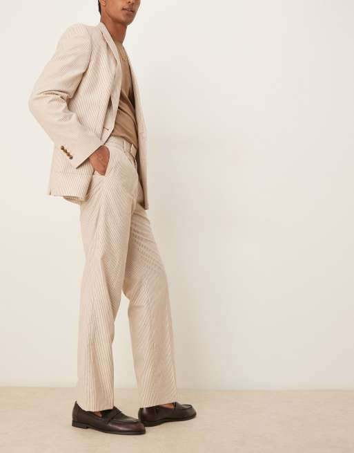 ASOS DESIGN linen straight leg suit trousers in stone stripe, 5 of 5
