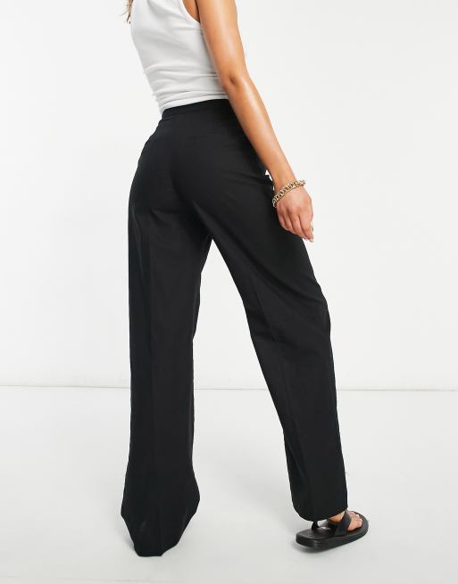 black linen straight leg trousers